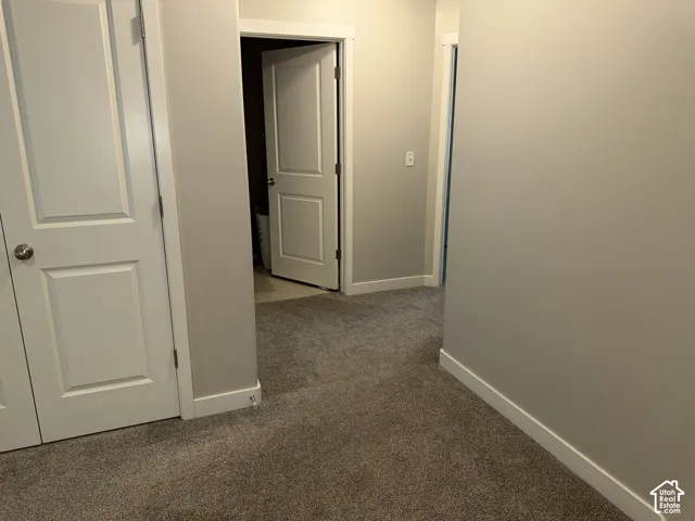 Carpeted hallway featuring light gray walls and white trim