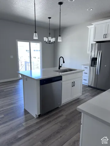 Contemporary kitchen featuring an island with integrated sink, stainless steel dishwasher, and a matte black faucet