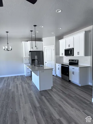 Open-concept kitchen featuring an island, white cabinetry, dark wood-finish flooring, recessed lighting, and stainless steel appliances