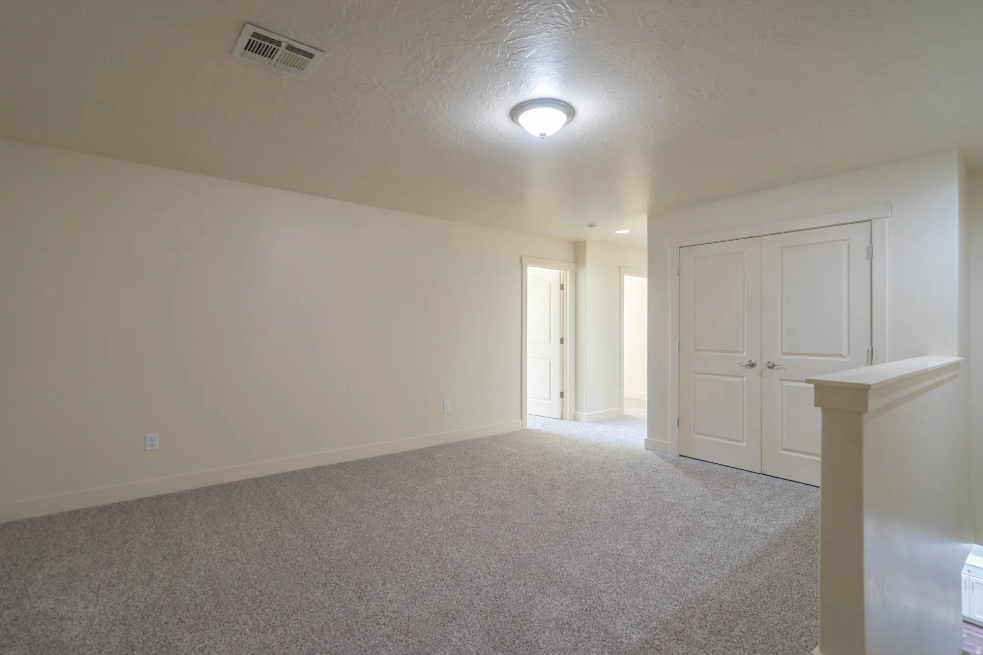 Carpeted room with a flush-mount ceiling light, white baseboards, and a double-door closet