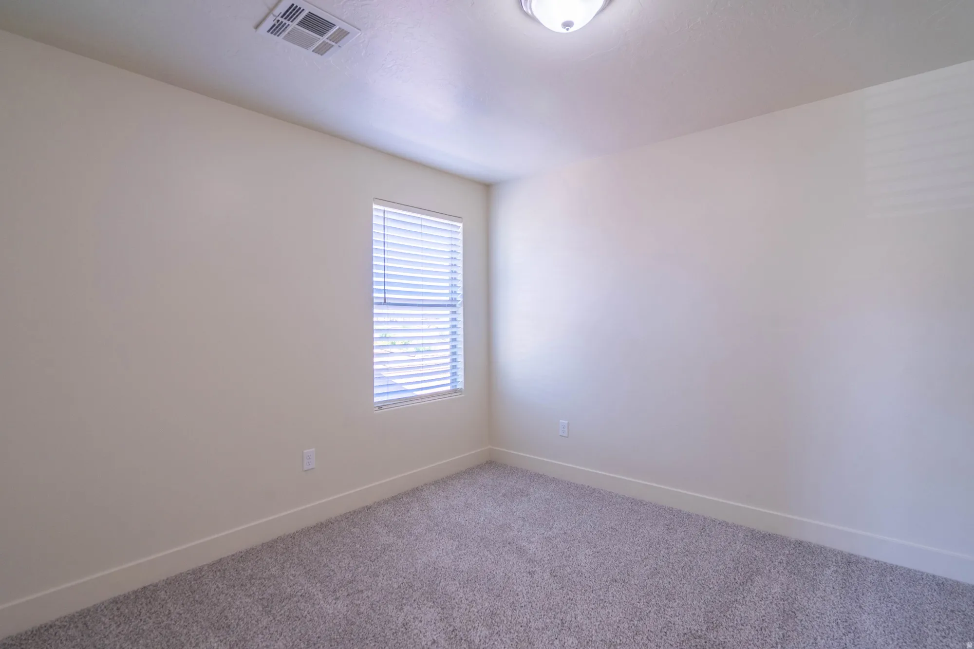Interior room featuring neutral wall paint, grey carpet flooring, a window with horizontal blinds, and a flush mount ceiling light fixture