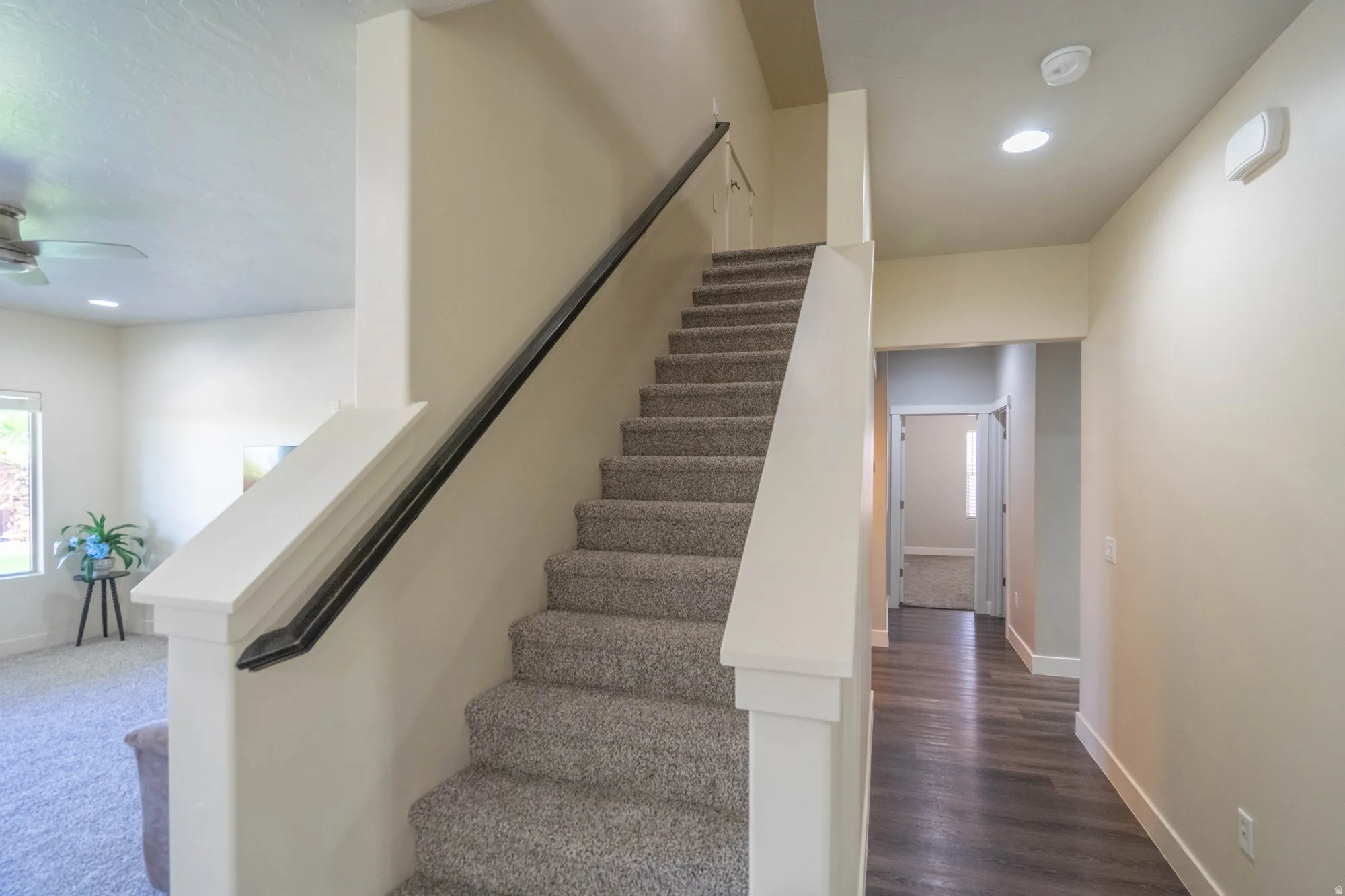 Carpeted staircase with a dark handrail and white newel posts