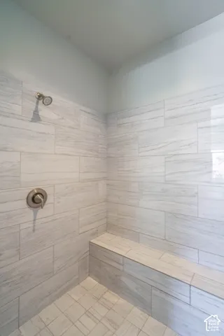 Walk-in shower with large format tile walls and a coordinating tile floor