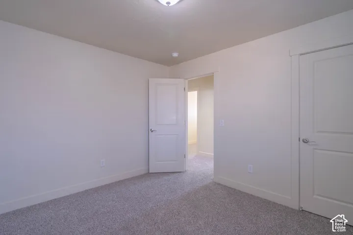 Neutral wall color with a contrasting white trim, textured carpet, and panel doors