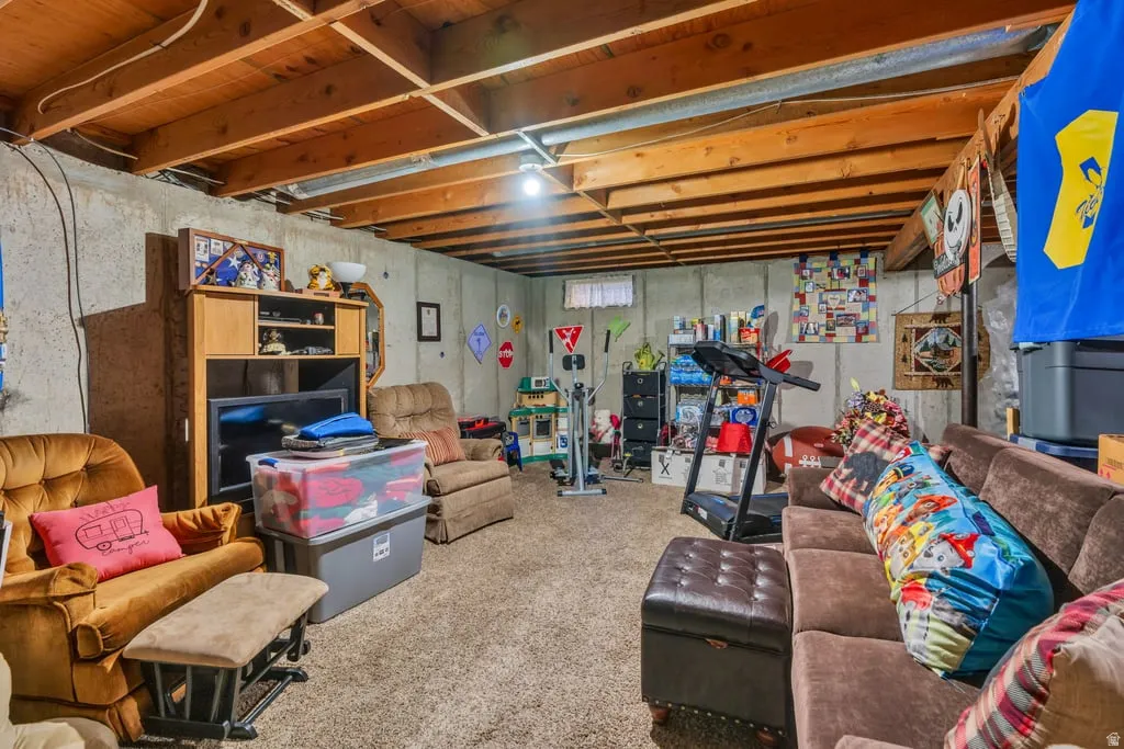 Lower level featuring exposed wood joists, unfinished concrete walls, and neutral carpet flooring