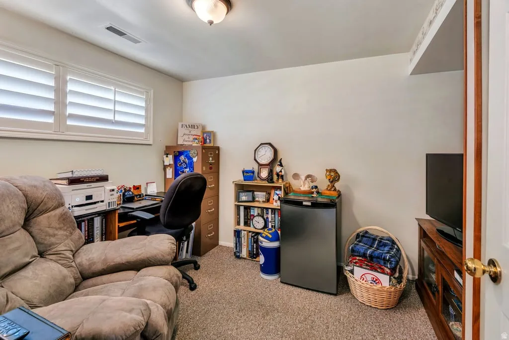 Carpeted room featuring a built-in window with white plantation shutters, a ceiling-mounted light fixture, and light-toned walls
