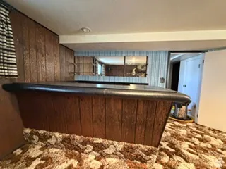 Built-in bar with wood-finish paneling, mirror, and shelving, complemented by wall paneling and patterned carpeting