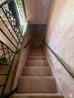 Carpeted staircase with an ornamental metal balustrade and a wall-mounted handrail