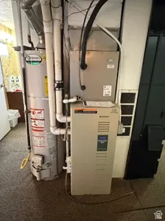 Utility area featuring a water heater, furnace, and exposed piping