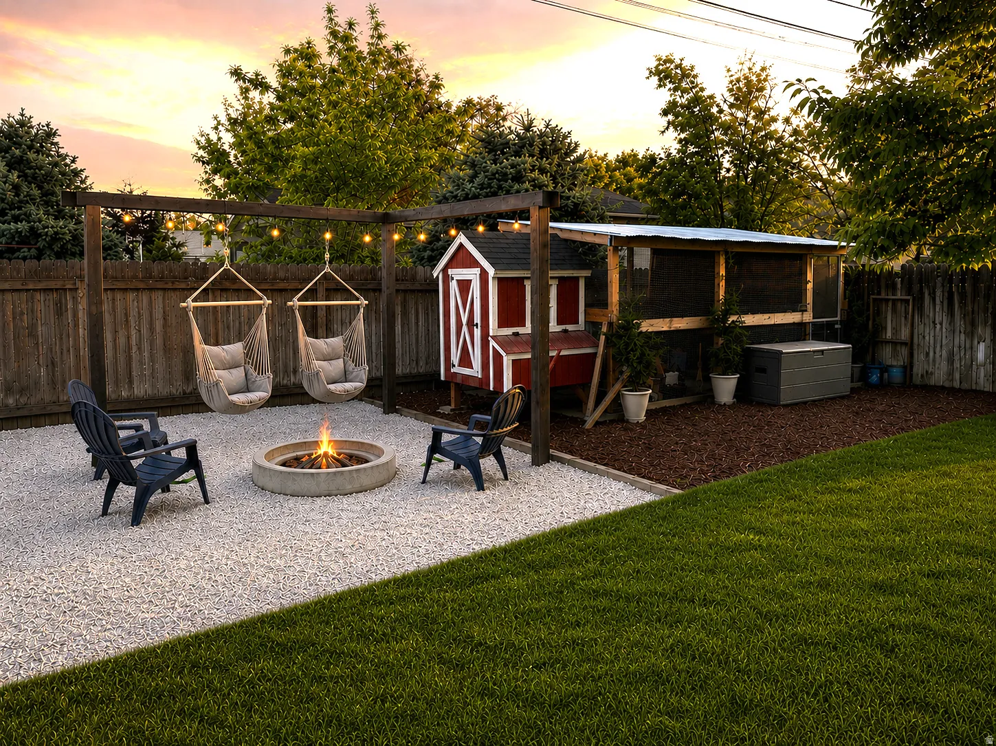 Expansive backyard featuring a gravel patio with a concrete fire pit, a wooden pergola with hanging hammock chairs, a manicured lawn, a wooden privacy fence, and a red chicken coop structure with an attached enclosure