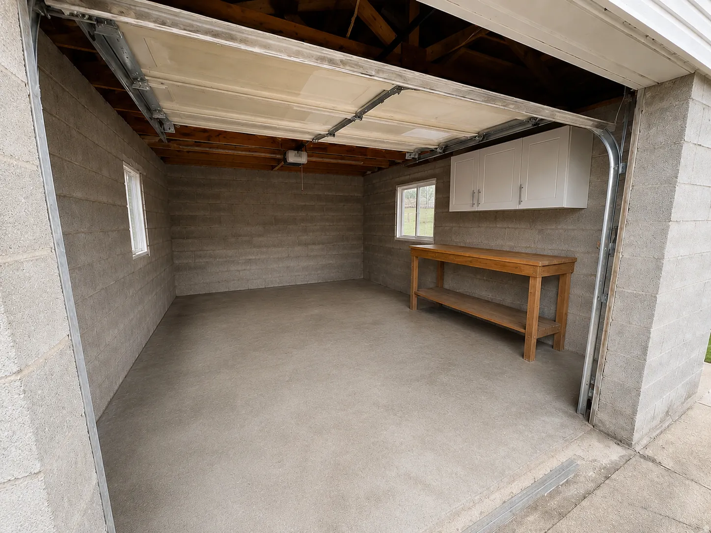 Spacious garage featuring a concrete block interior, exposed ceiling joists, two windows with white trim, and a concrete floor