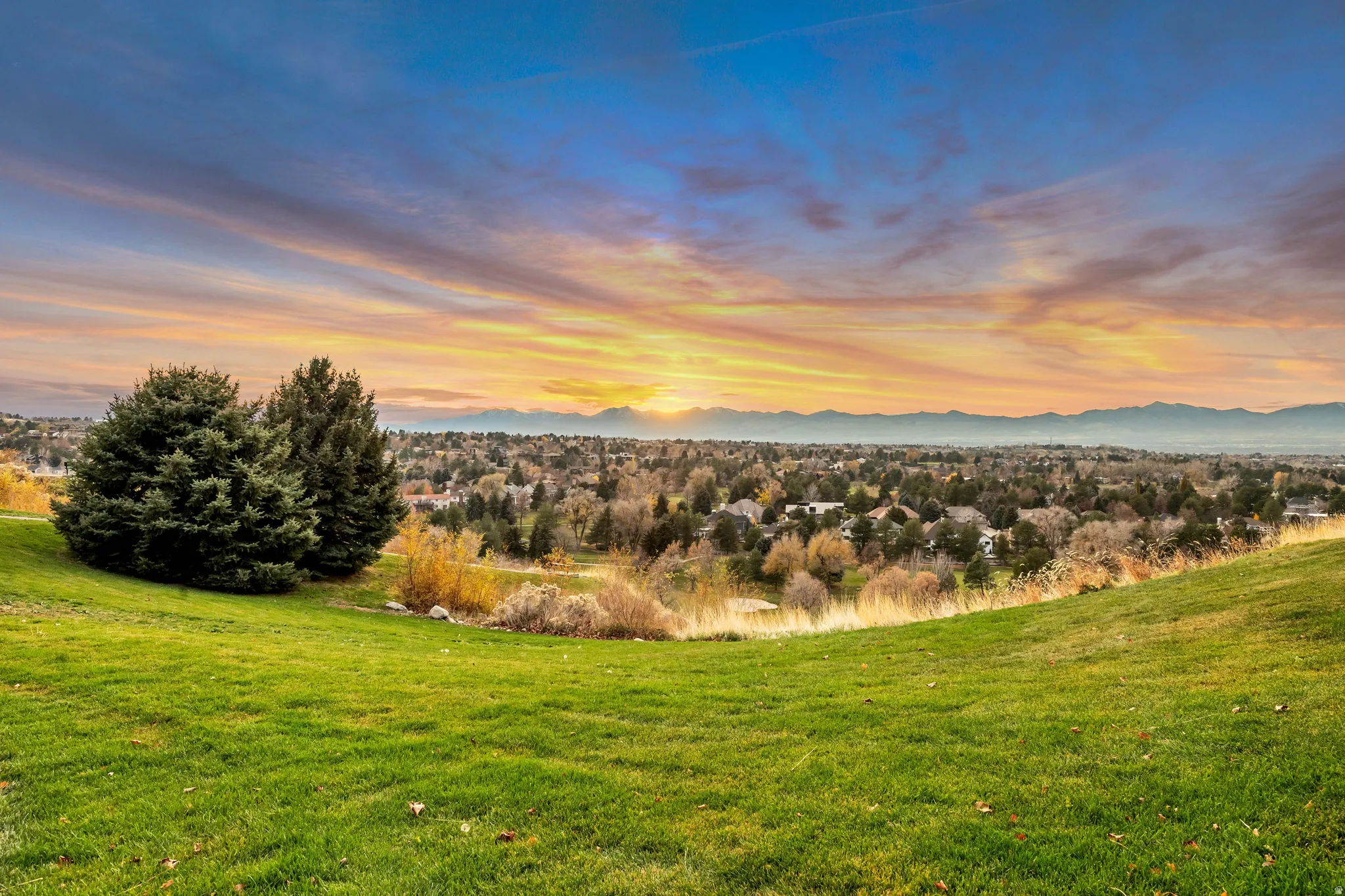 Expansive green lawn with distant mountain range backdrop