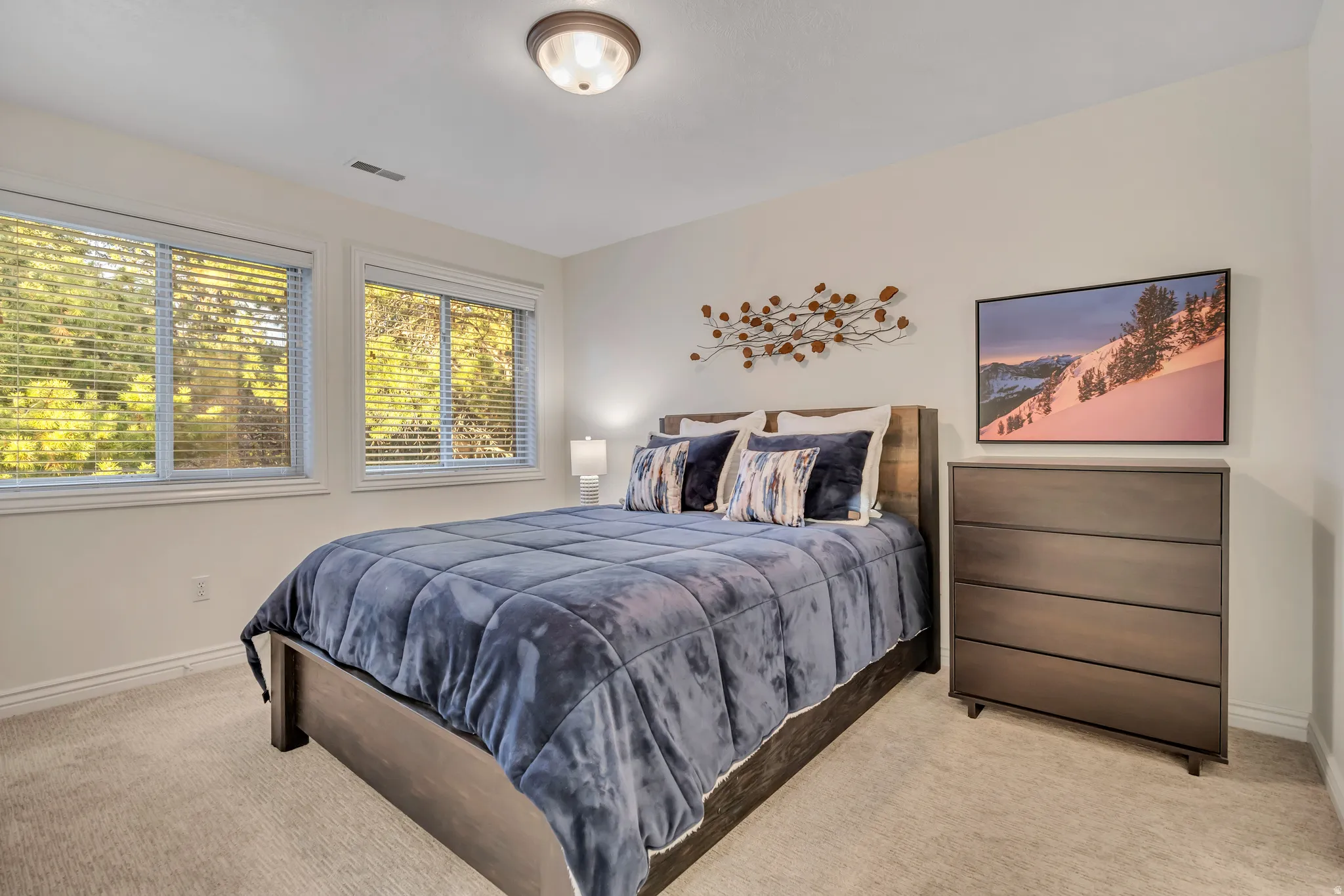 Bright room featuring two large windows with blinds, a wood-finish bed frame, and light-colored carpet flooring