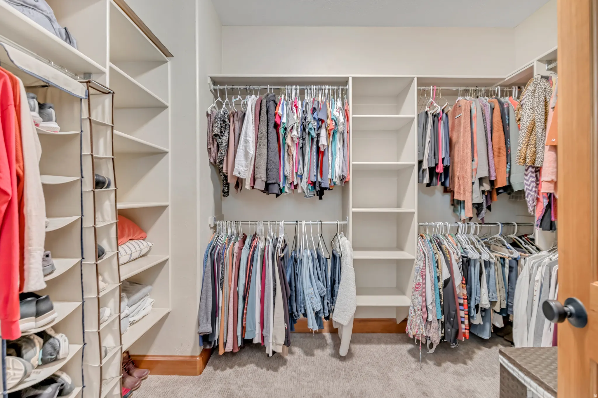 Spacious walk-in closet featuring extensive built-in shelving, multiple hanging rods, and soft carpet flooring