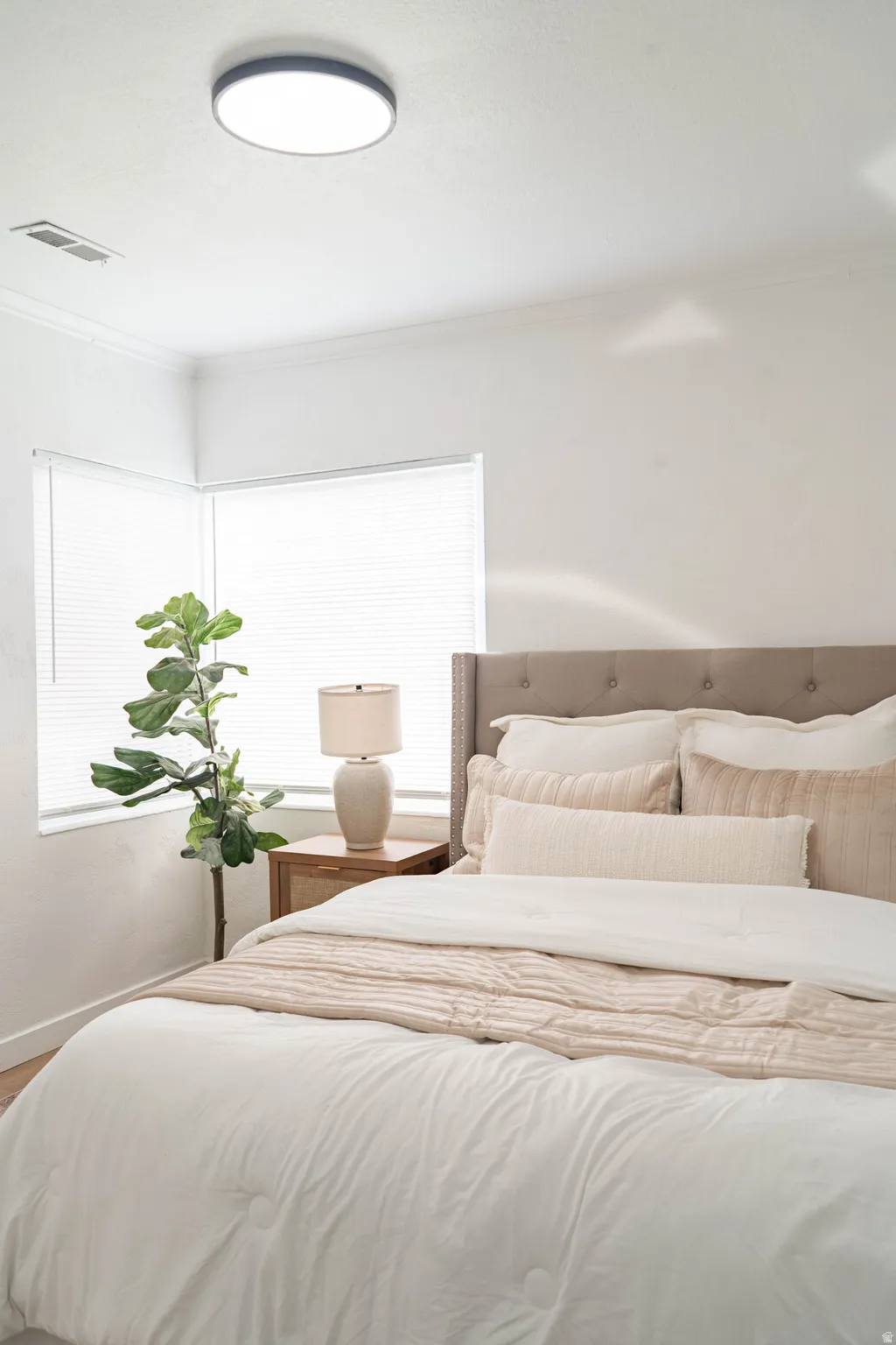 Bright room featuring a corner window with horizontal blinds, a flush-mount ceiling light, and crown molding