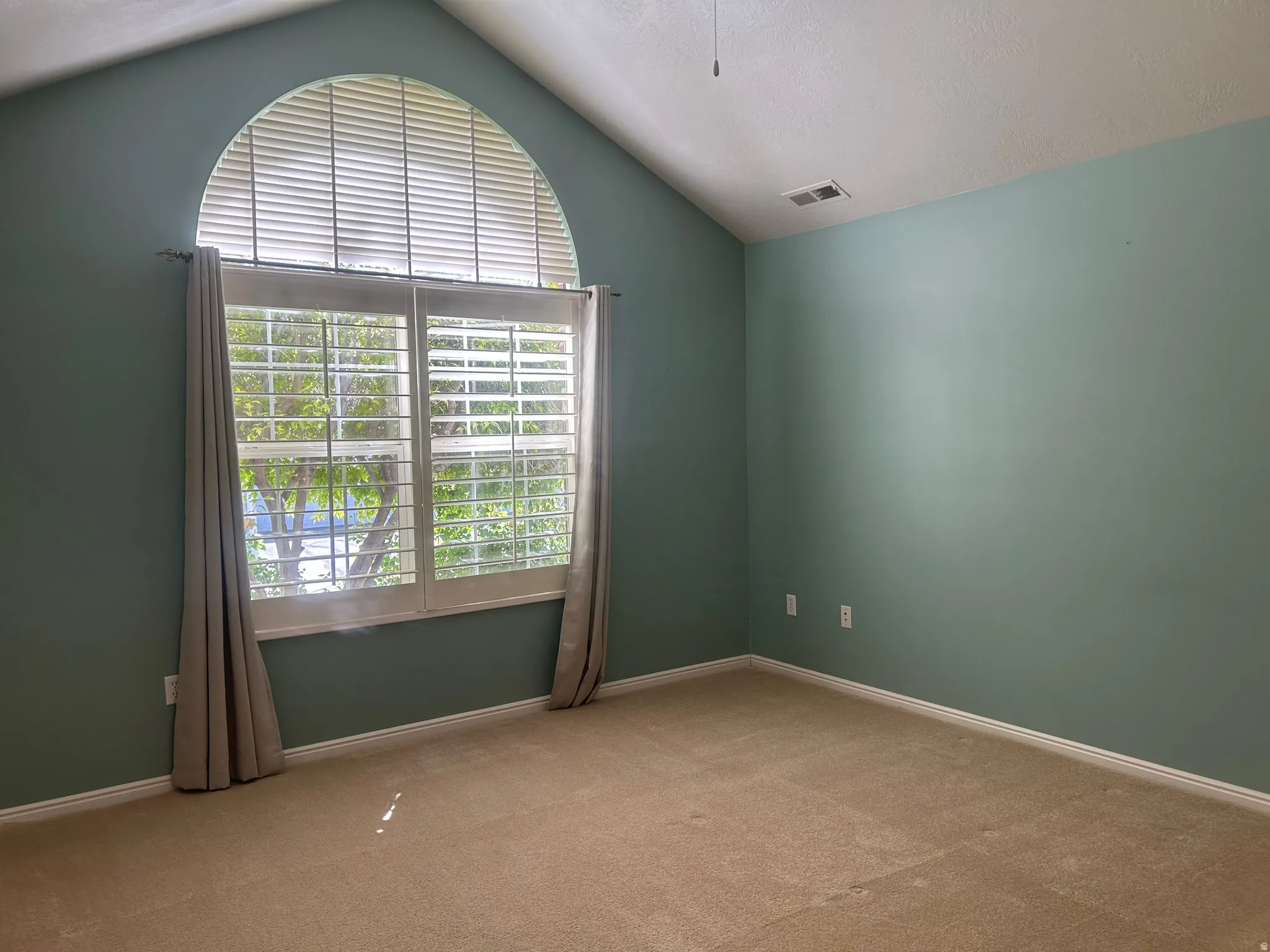 Vaulted ceiling room featuring a large arched window with integrated plantation shutters and privacy blinds