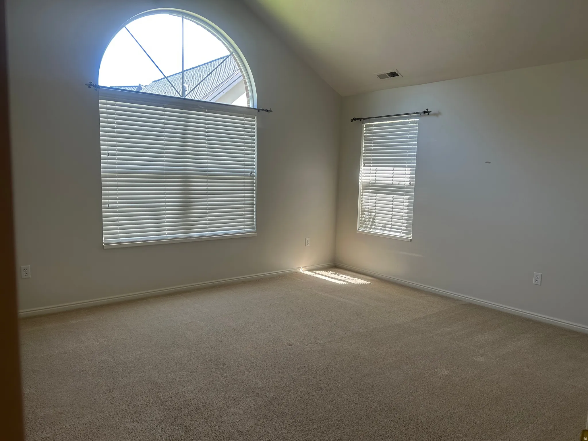 Vaulted ceiling room featuring an arched window with horizontal blinds