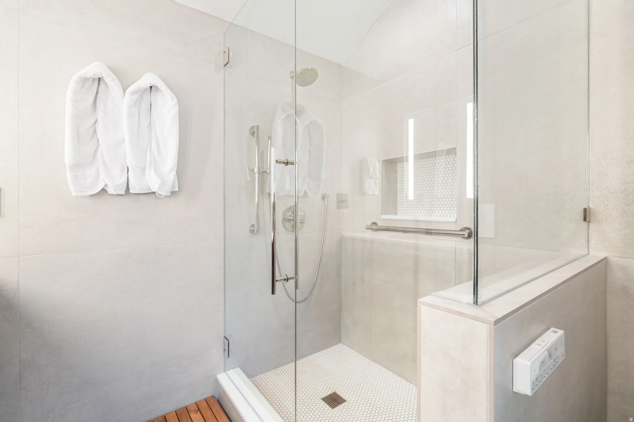 Glass-enclosed shower featuring large format wall tiles, a mosaic tile floor, and a built-in niche with accent lighting