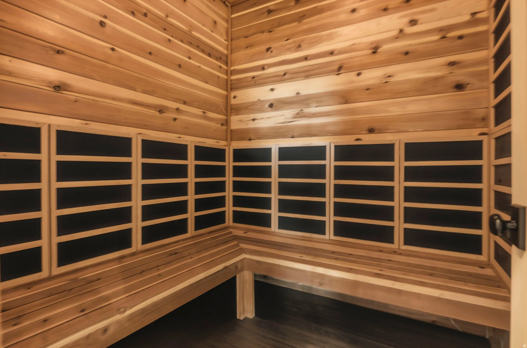Cedar-lined interior featuring integrated heating panels, built-in bench seating, dark wood-finish flooring, and a bronze-toned door handle