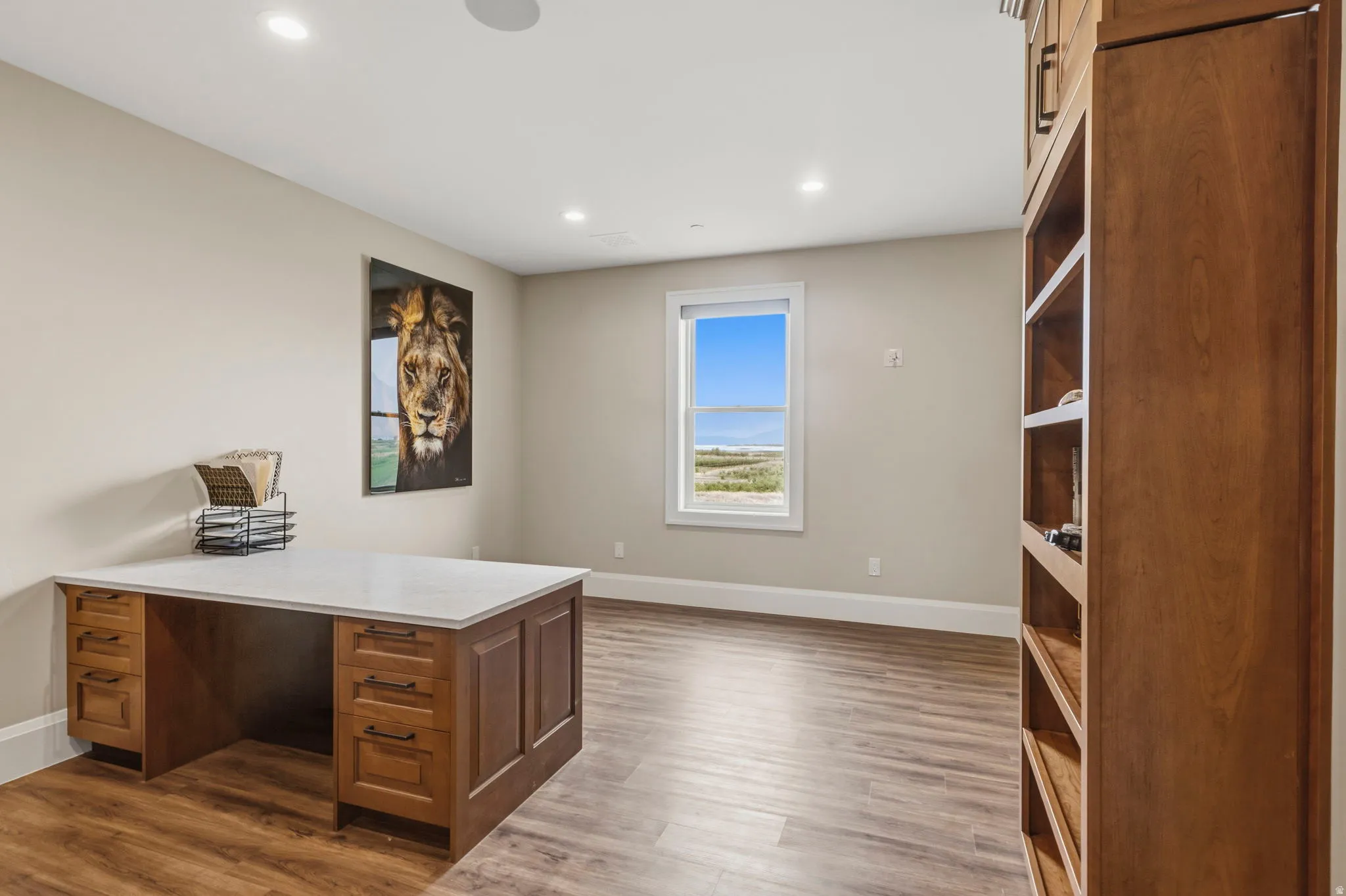 Room featuring wood-finish flooring, recessed lighting, and a window with an outdoor landscape visible and secret door