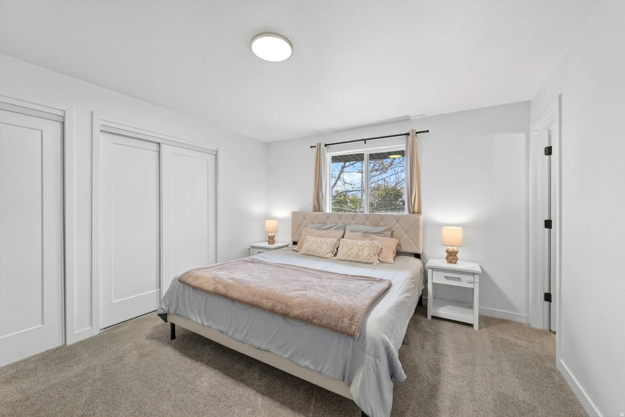 Bedroom featuring light-toned carpeting, a window with exterior tree-line scenery, and a ceiling-mounted light fixture