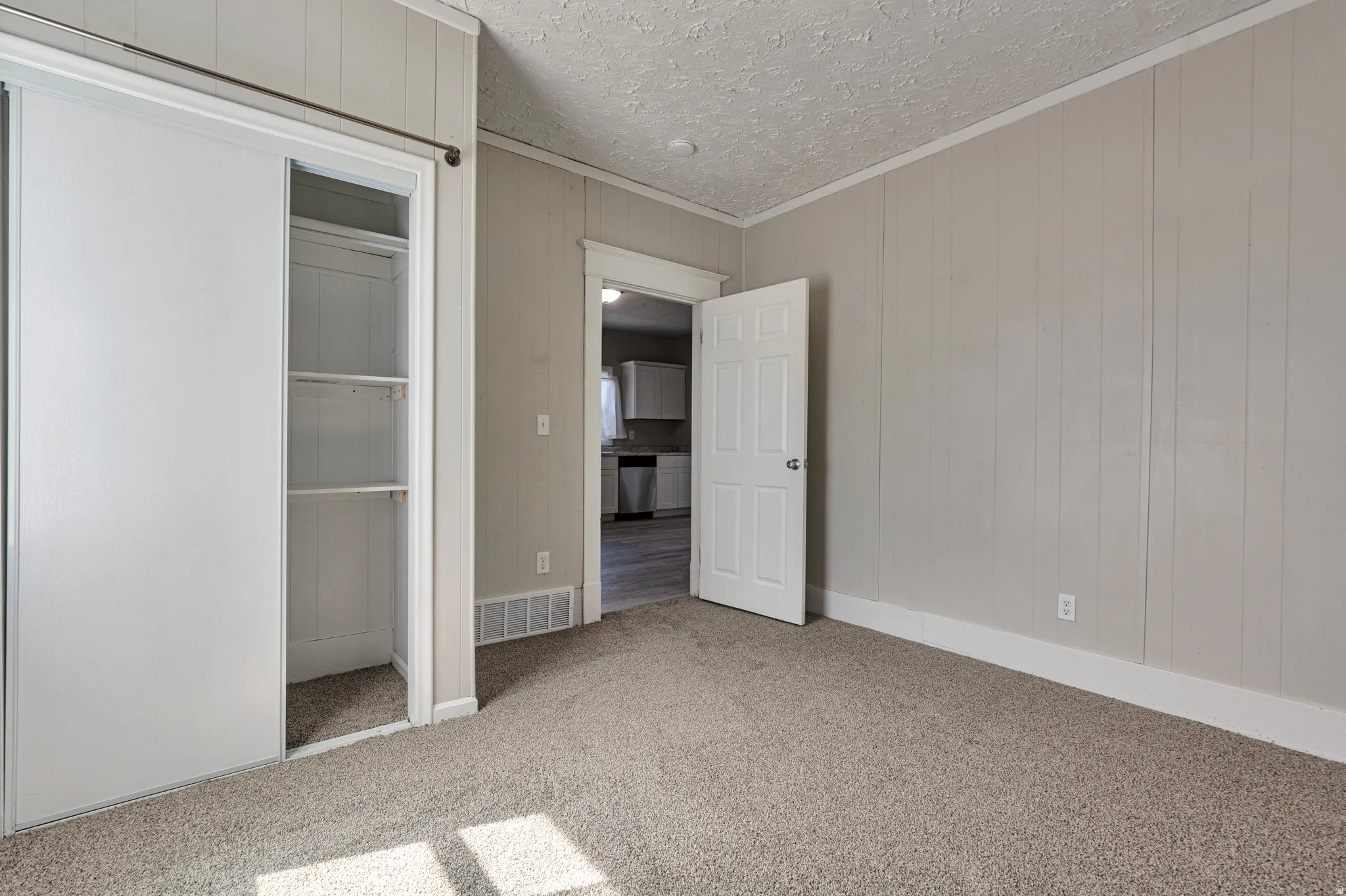 Carpeted room featuring vertical paneling, white trim, and a built-in closet with sliding doors and shelving