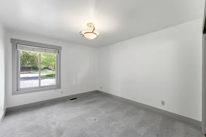 Carpeted room featuring a large window with gray trim, a privacy blind, and a central ceiling light fixture