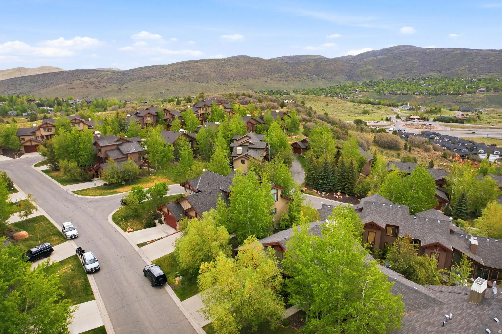 Residential neighborhood featuring mature trees and mountain topography