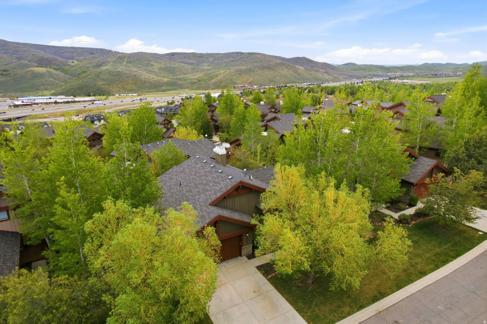 Lush green landscape with mature trees surrounding the property