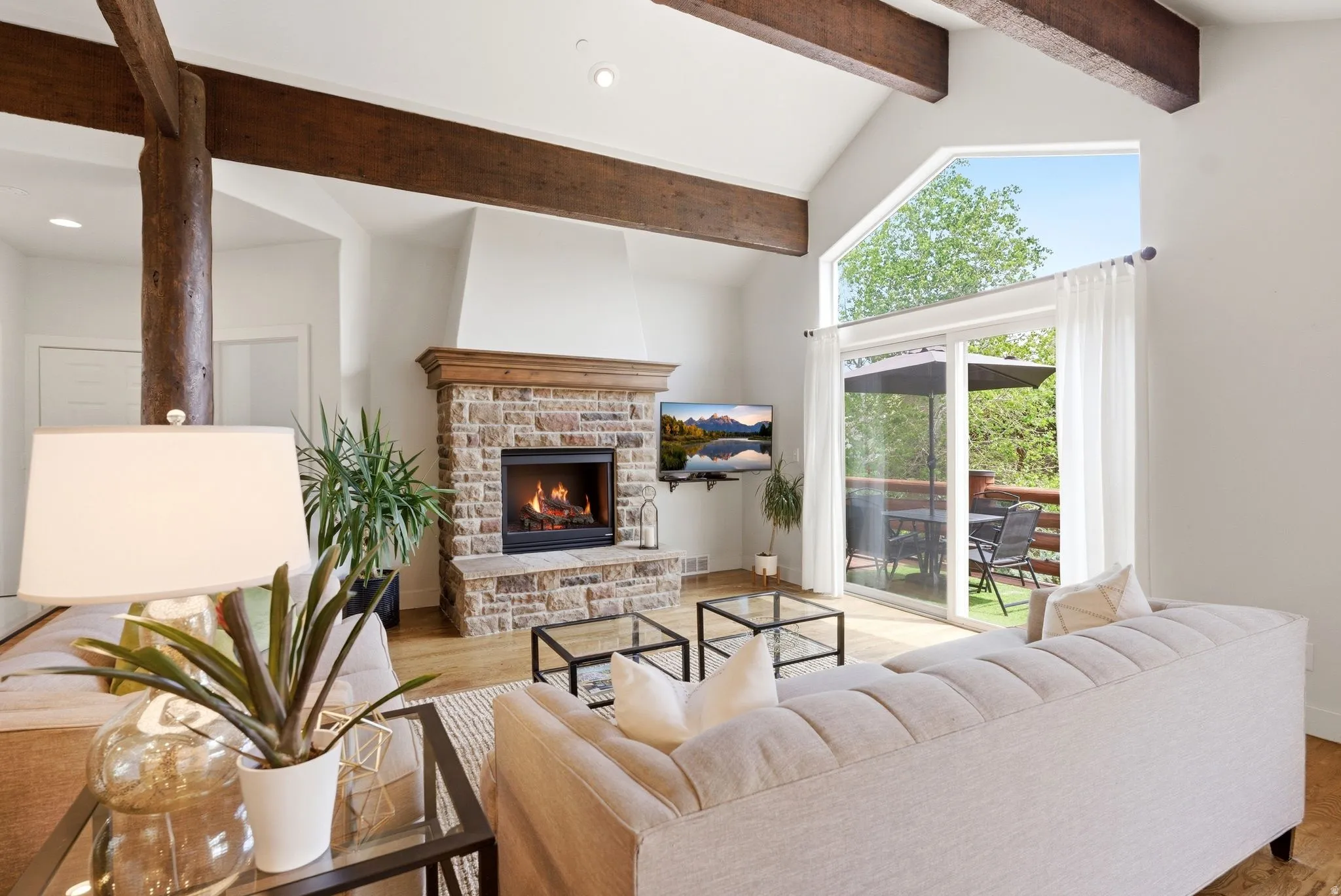 Vaulted ceiling with exposed wood beams