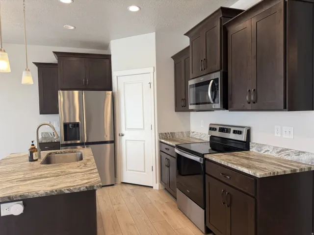 Contemporary kitchen featuring dark wood cabinetry, stainless steel appliances, light wood-finish flooring, and a kitchen island with an undermount sink