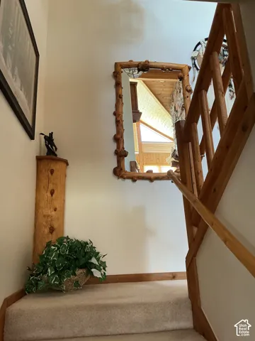 Carpeted staircase featuring a light wood railing and a natural wood-framed mirror