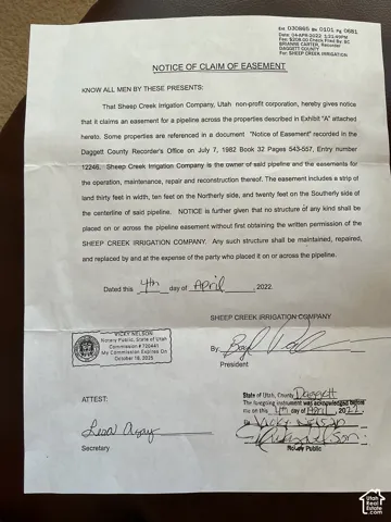 Notice of Claim of Easement. Outlining the specifics of an easement for a pipeline across the property, including dimensions and maintenance responsibilities
