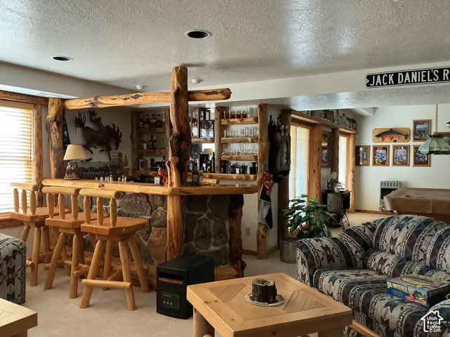 Rustic-inspired lower-level featuring a stone and log-finish bar with recessed lighting