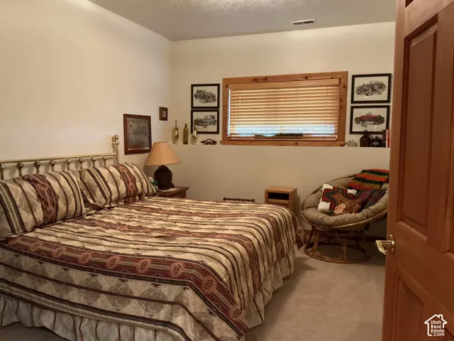Carpeted room featuring a window with wood blinds and trim, a brass-finish bed frame, and a wooden interior door