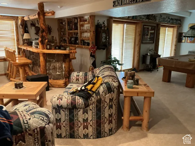 Entertainment space featuring a custom log and stone bar with built-in shelving, wood-framed sliding glass doors, and a billiard table