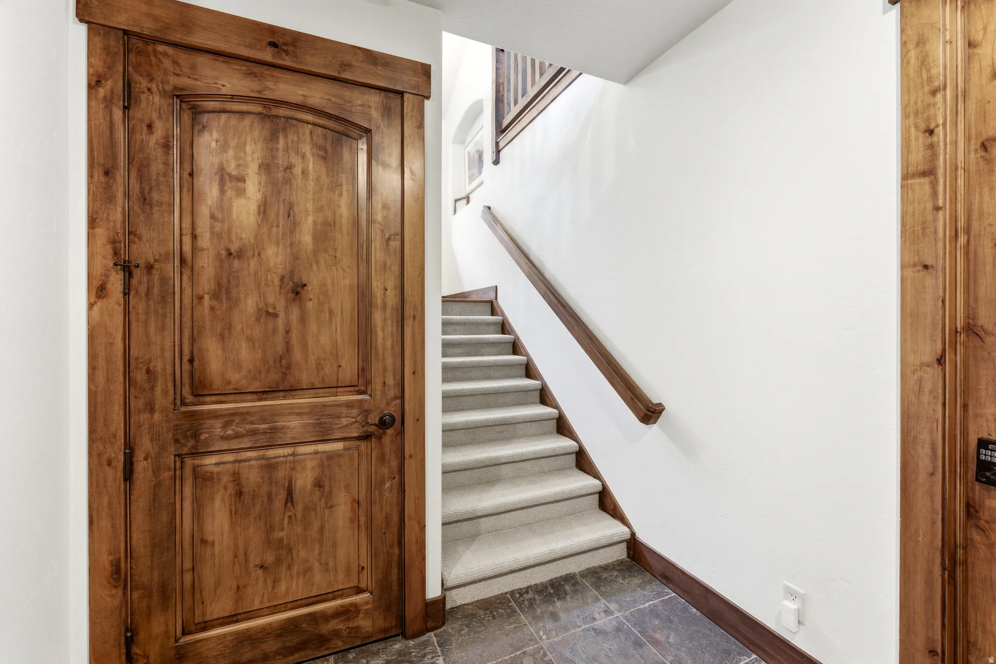 Solid wood panel door with arched detailing, dark wood trim, and a contrasting light-colored staircase with carpeted treads