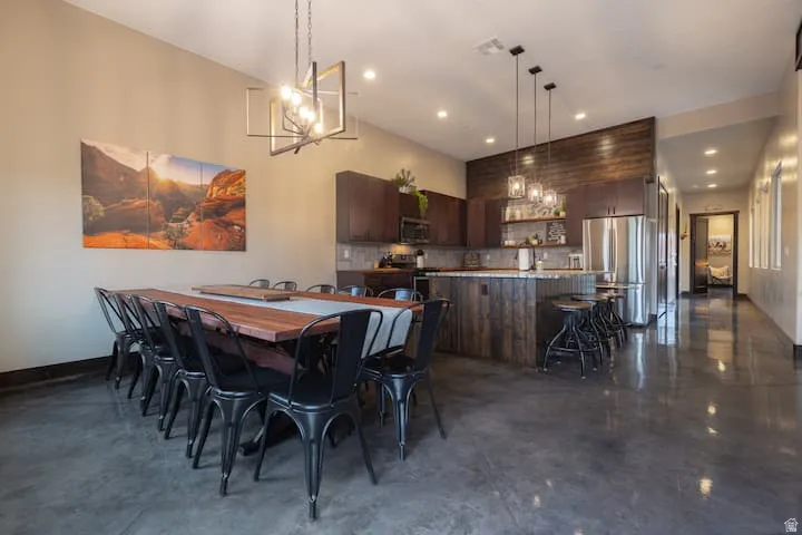 Open-concept living space with polished concrete flooring