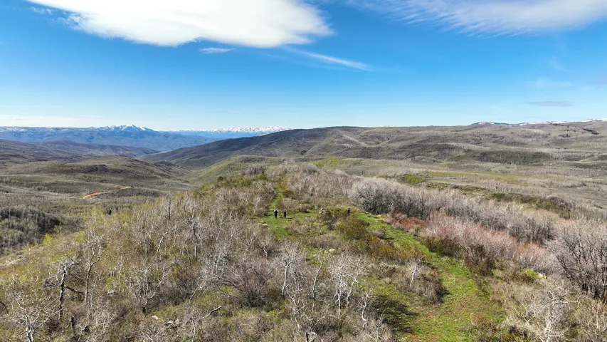 Expansive acreage featuring rolling hills, varied natural vegetation, distant snow-capped mountains, and a clear blue sky