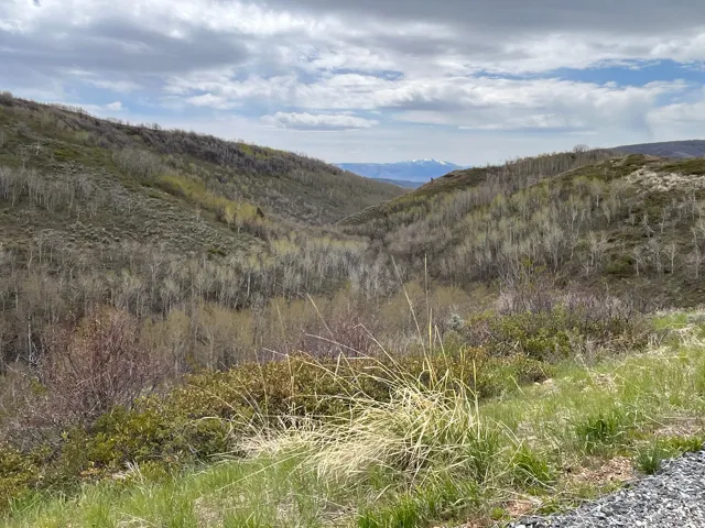 Expansive mountain landscape featuring rolling hills and distant snow-capped peaks