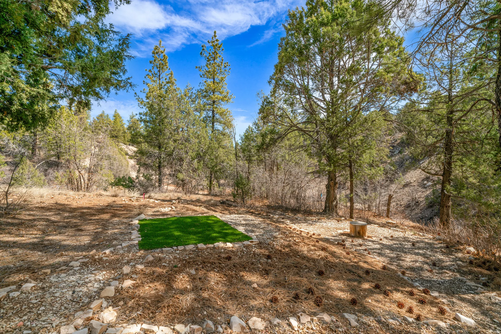 Wooded property featuring a level area with artificial turf, bordered by stone elements