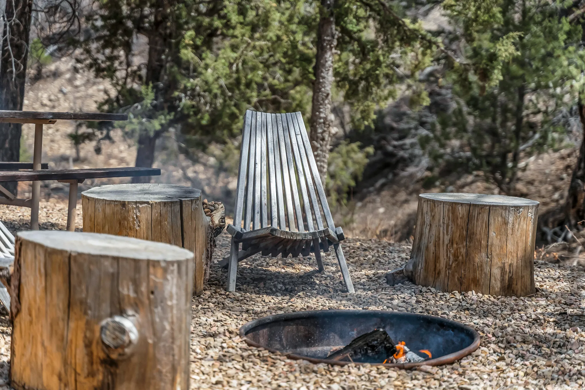 Outdoor gathering area featuring a circular fire pit, surrounding tree stump seating, and a slatted wood-finish chair
