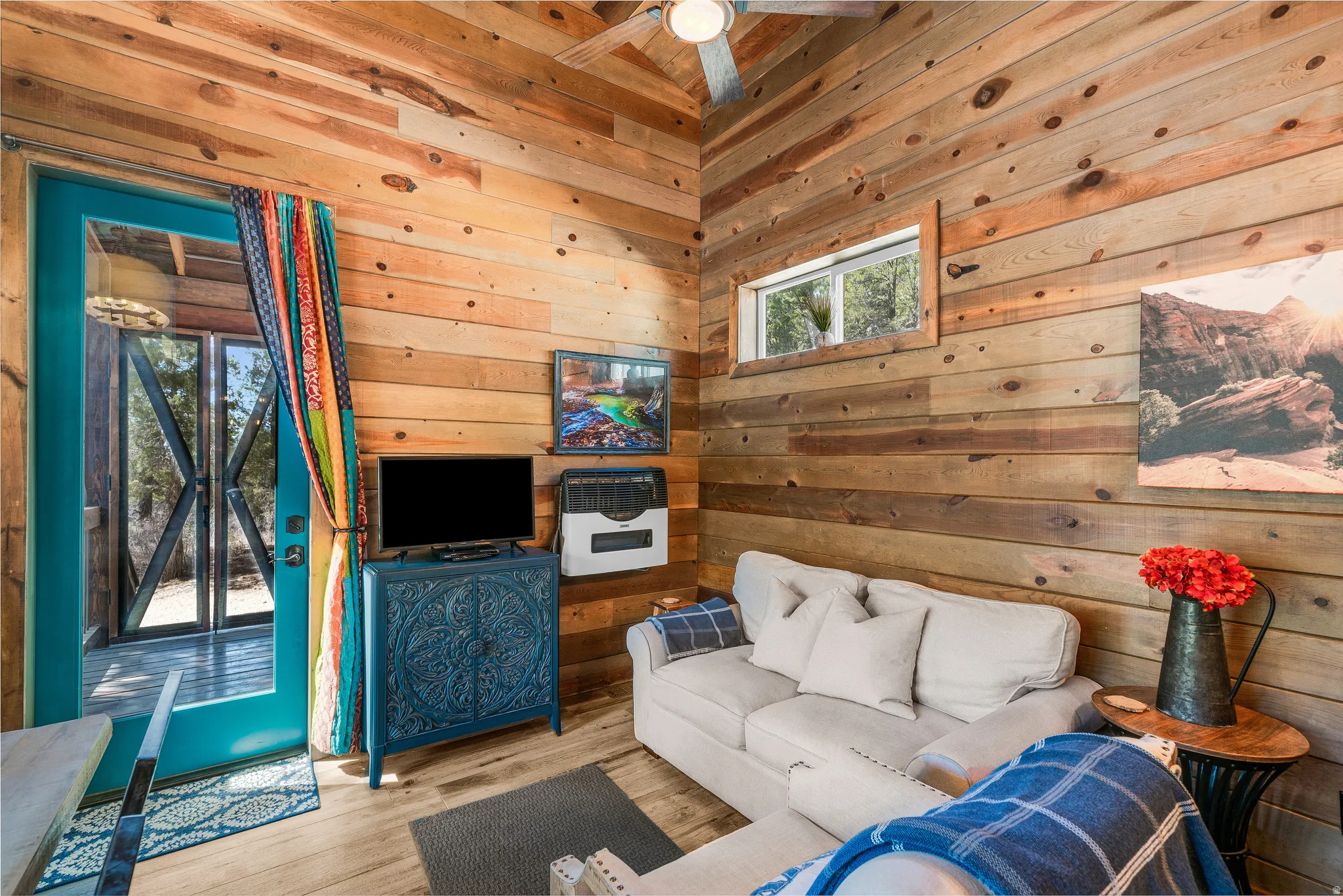 Interior space featuring wood-paneled walls and ceilings