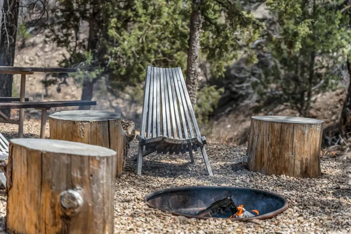 Outdoor gathering area featuring a circular fire pit, surrounding tree stump seating, and a slatted wood-finish chair