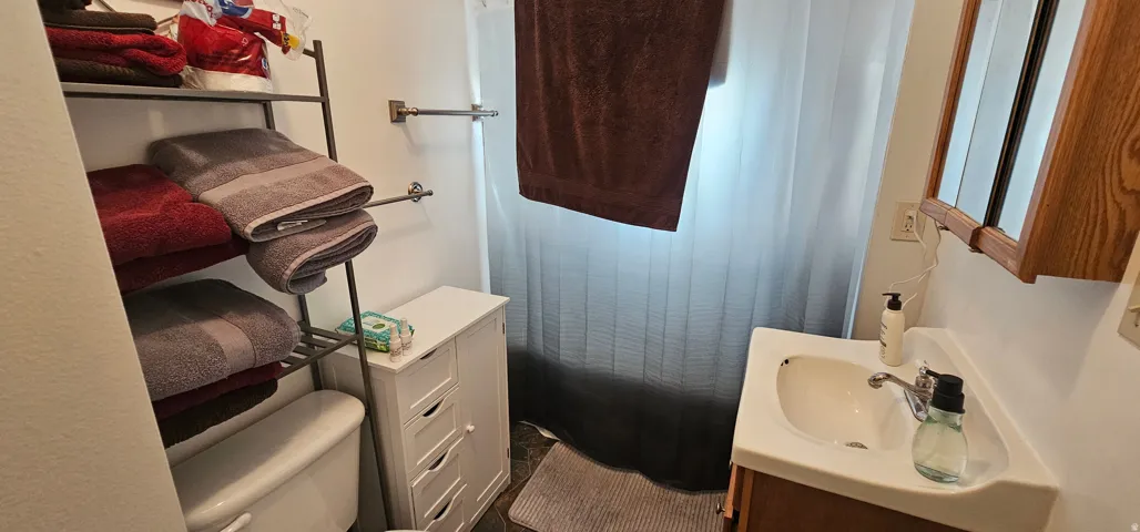 Bathroom featuring a white toilet, built-in medicine cabinet, and a vanity with an integrated sink