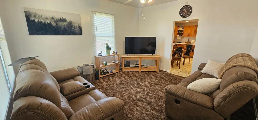 Spacious living area featuring soft brown carpeting, light-toned walls, and a ceiling fan