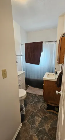 Bathroom featuring a shower with a white and dark gray shower curtain, wood-finish vanity with a white basin sink, matching wood-finish medicine cabinet, and geometric-patterned flooring