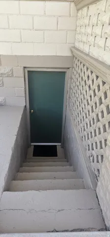 Exterior access featuring concrete stairs descending to a frosted glass-paneled door with a silver frame and brass-finish hardware