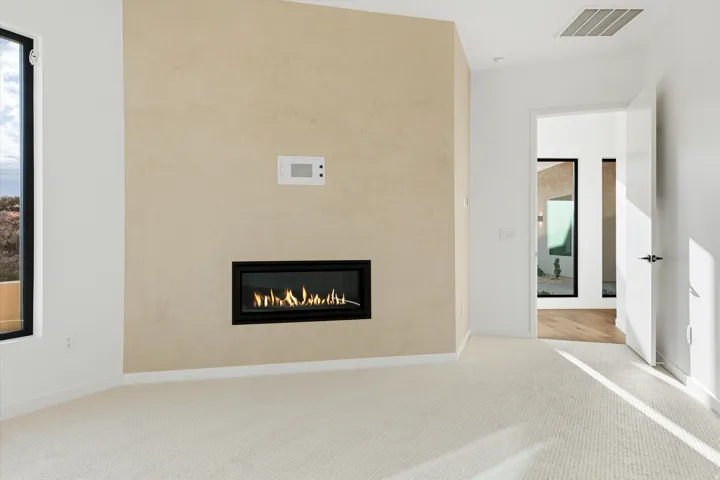 Contemporary linear fireplace with a textured accent wall
