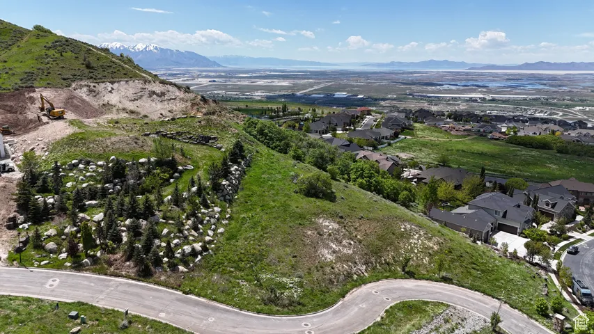 Expansive elevated lot with a paved road, natural rock formations, and mature evergreen trees